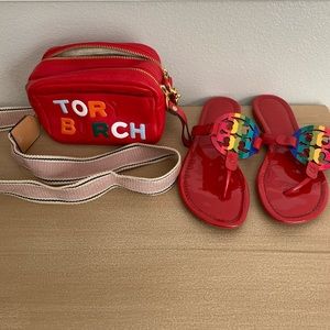 Tory Burch camera crossbody RAINBOW bag and Tory Burch Miller rainbow sandals